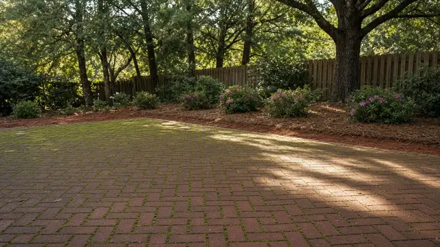 Red brick herringbone patio with moss in the shaded joints