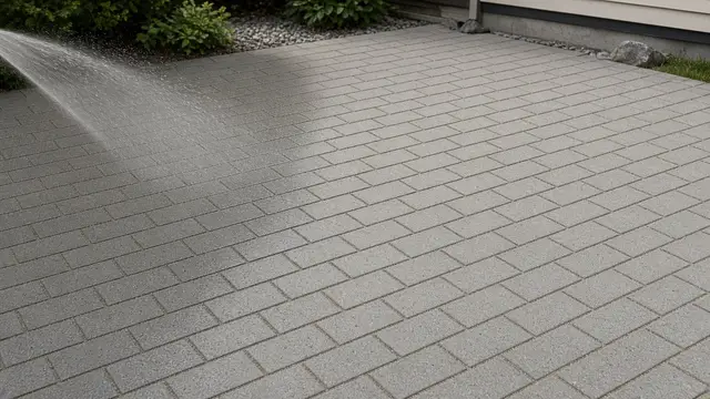 Wide fan spray of water rinsing gray concrete pavers